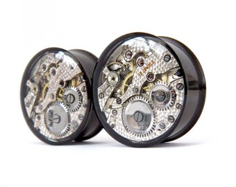 Steampunk Plugs / Tunnels - Gears In Your Ears, Featuring Original Swiss Watch Mechanics. 25mm / 1 inch gauge. Pair.