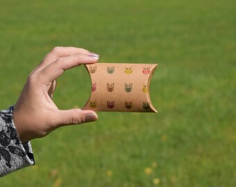 Kraft pillow boxes, printed colored owl, pillow boxes, wedding dragee gift favor bag, rustic country style, bomboniere pouch set of 10, rts