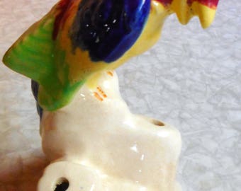 Colorful Majolica Parrot on Stump Flower Frog - Vintage - 1940's - Maroon, Yellow, Dark Blue