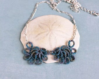 Aqua Blue lace necklace, seashell necklace, mermaid necklace, beach necklace, boho necklace, tatting lace, beaded necklace, dainty necklace
