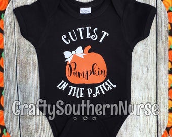 Cutest Pumpkin In The Patch Short Sleeve Glitter Infant Bodysuit Creeper Outfit for Little Baby Girl or Newborn Fall Halloween Autumn Bow