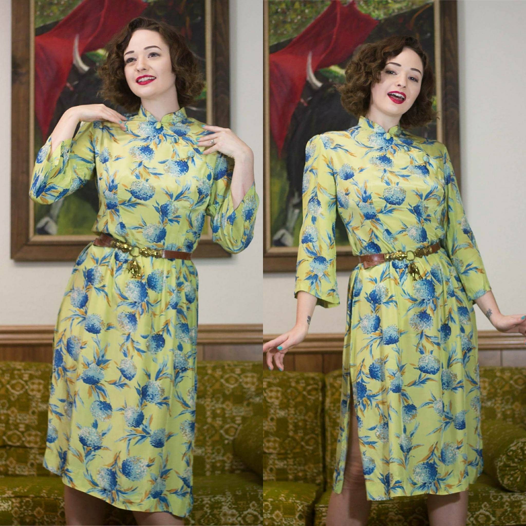 1940s Cheongsam Chartreuse 40s Silk Dress 40s Dress