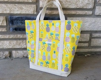 Pineapple Fabric & Canvas Tote Bag, Canvas Bag, Reusable Grocery Bag, Shoulder Bag, Beach Bag