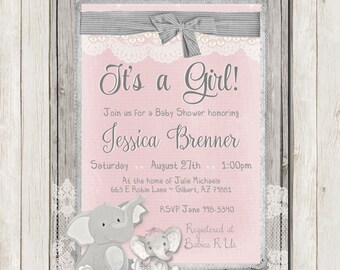 Elephant Baby Shower Invitation, Rustic Baby Shower Invitation, Lace Girl Invite, Wood, Elephant Invitation, Printable Invitation 5x7
