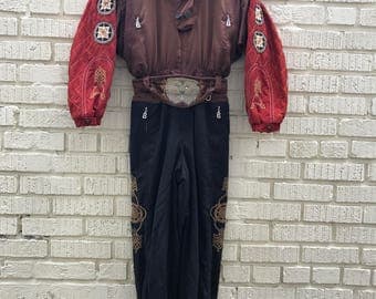 90s Bogner Ski Suit. 1990s Brown Embroidered One Piece Pants and Jacket. Brown. Red. Black.