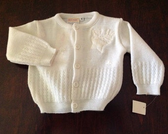 White Baby Sweater & Hat Set, Deadstock Unisex White Knit Sweater and Bonnet, Satin Applique, Size Small