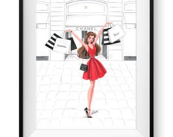 Fashion illustration print, Fashion art, watercolor, girl art, girls room art, vanity art, shopping, shopaholic - Retail Therapy Red