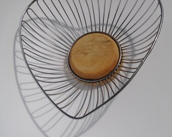 Vintage metal & wood wire basket Silver fruit basket Made in Poland Soviet era Basket in shape of heart Metal Bowl Polish Bread Basket
