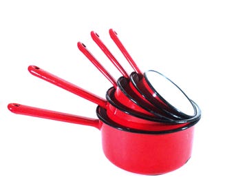5 Red White Enameled Saucepans, French Enamelware, Cookware Pan Set