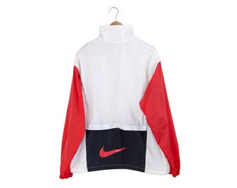 NIKE WINDBREAKER // nike jacket / nike zip up jacket / lightweight / swoosh / just do it / black / red / white / 90s vintage / mens / medium