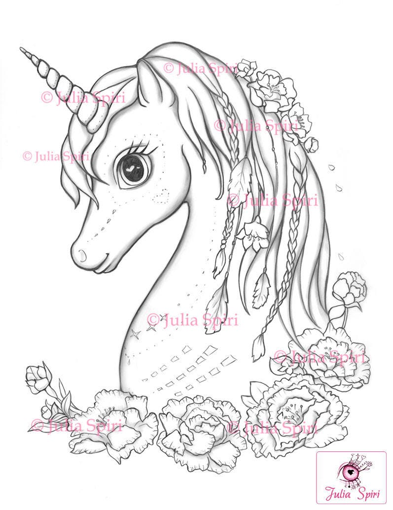 Coloring Pages Digital stamp Digi Unicorn Boho Flowers