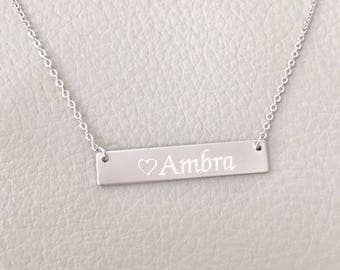 Sterling Silver Bar Necklace, Name Necklace, Sterling Silver Engraved Necklace, Bridesmaid Gift