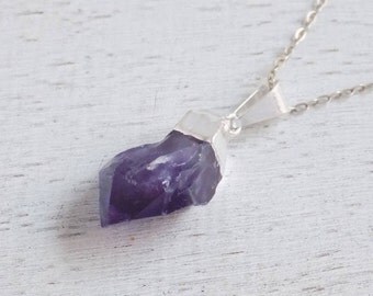 Raw Amethyst Necklace, Purple Crystal Necklace, Boho Necklace, February Birthstone, Rough Amethyst Pendant, Purple Necklace, Silver, 8-568