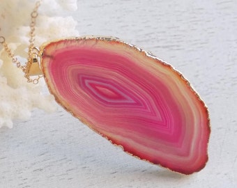 Agate Necklace, Pink Agate Necklace, Fuchsia Geode Necklace, Statement Necklace, Large Slice Necklace, Boho Necklace, Raw Stone, Gift, 8-79