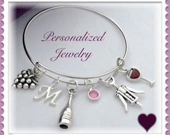 Wine Bangle Bracelet, Wine Charm Bracelet, Wine Jewelry, Wine Gifts, Personalized Wine Bracelet, Birthstone Wine Bracelet, Red Wine Bangle
