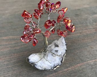 Mini Copper Wire Tree with Red Stones/Beads, Gemstone Tree on geode base