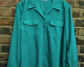 Vintage emerald green 1990 silky shirt blouse ladies size 14