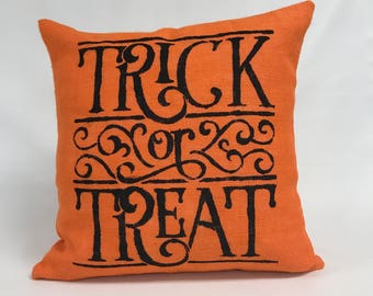 Halloween Pillow Cover - Burlap Pillow Cover- 20 x 20 Trick or Treat Pillow- Orange Pillow- Word pillow - Lined Pillow -Invisible Zipper