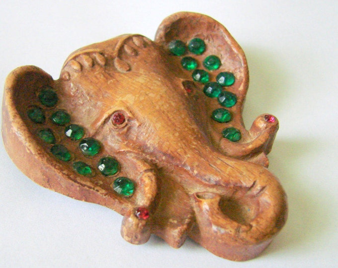 Antique Figural Wood Elephant Brooch / Green & Red Rhinestones / Large Hand Carved / Vintage Jewelry / Jewellery