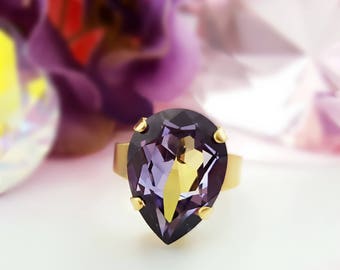 Tanzanite Ring, Gold Teardrop Ring, Swarovski Crystal Ring, Purple Crystal Ring, Pear Shaped Ring, Matte Gold, Chunky Birthstone Ring, R3003