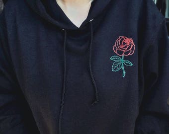 Rose Hoodie • Single Flower Sweatshirt • Embroidered Sweatshirt • Embroidery Sweater • Women's Hoodie • Women's Clothing • (basic)996black