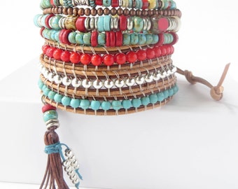 Wrap Bracelet-Beaded Leather Wrap Bracelet for Women-Leather Wrap-Beaded Wrap Bracelets for Women-Leather Wrap Bracelet with Charm