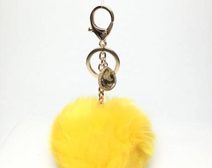 NEW! Faux Rabbit Fur Pom Pom bag Keyring keychain artificial fur puff ball in Yellow Crystals Collection