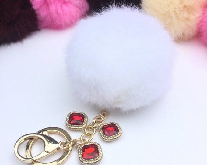 Customer request inspired WHITE red crystals fur pom pom keychain Rabbit real fur puff ball