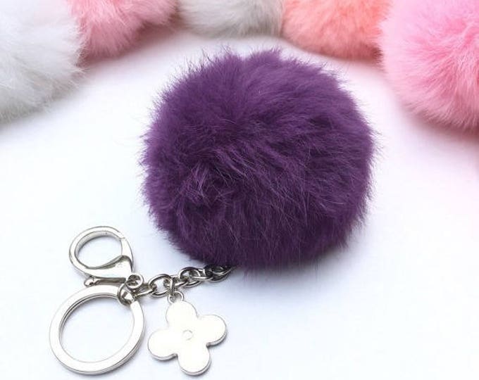 Silver Summer Series True Purple Rabbit fur pompom keychain ball with flower bag charm