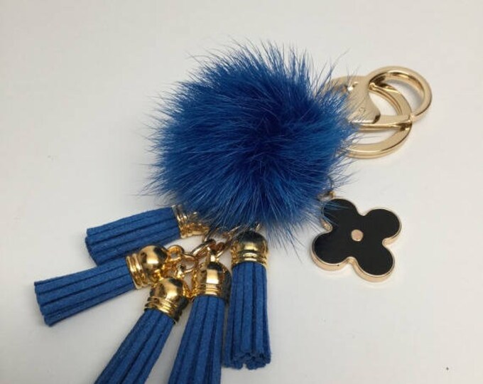 Cute Genuine Mink Fur Pom Pom Keychain with suede tassels and flower charm in Blue