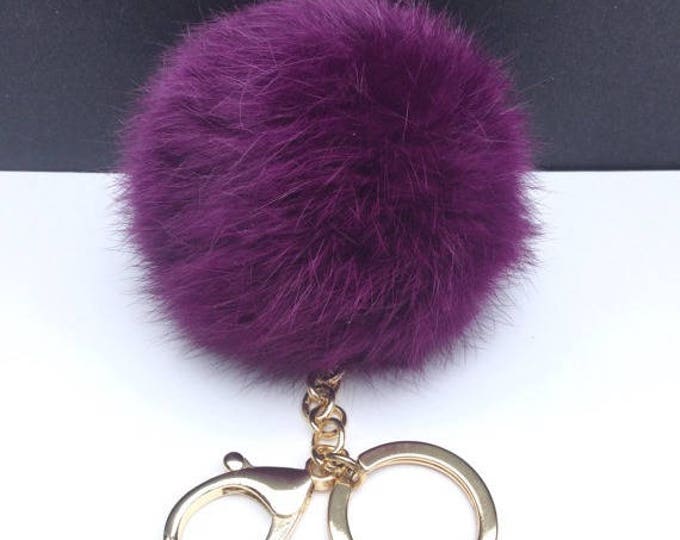 Customized Purple Real Genuine Rabbit fur pom pom keychain puff ball charm keyring