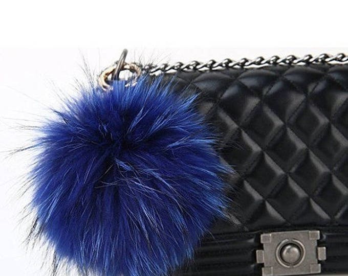Dark Blue with natural markings Raccoon Fur Pom Pom luxury bag pendant keychain fur ball puff