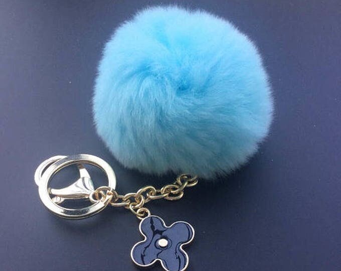 Light Blue Rabbit fluffy ball furkey fur ball pom pom keychain for car key ring Bag Pendant
