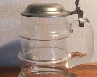 Erbo Zinn Clear Glass Beer Stein Ribbed Pewter Lid Vintage Germany