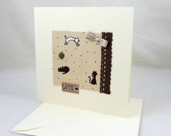 Carte d'anniversaire, carte et enveloppe, carte vierge, carte en tissu chat, carte chat,
