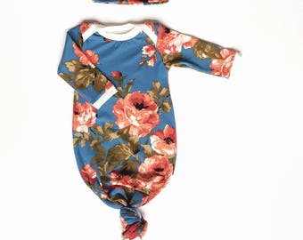 Newborn Knot Gown, Vintage Blue, Baby Girl, Size Newborn, Matching Knot Hat or Headband