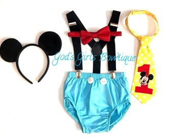 4 Pieces - Low Price---Blue Ready to Ship in 3-5 Days Mickey Mouse 1st Birthday Party Shorts Smash Cake Bow Tie "OR" Neck Tie