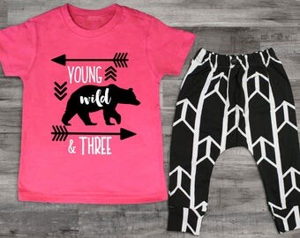Girl 3rd Birthday Outfit Young Wild and Three Shirt 3rd Birthday Outfit Set Wild and Three Birthday Shirt Young Wild and Three Shirt