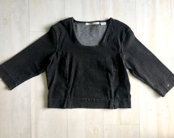 80s Grunge Tommy Hilfiger Denim Crop Top With 3/4 Length Sleeves and a Scoop Neck // Fitted Vintage Black Tommy Shirt // Size 14 or Medium