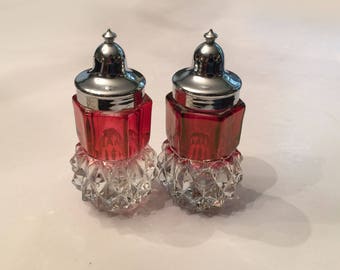 Vintage Cut Red Glass Salt and Pepper Shaker Set