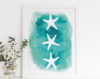Beach Print, Starfish Print, Beach Decor, Printable Art, Sea Star Artwork, Teal Art Print, Instant Download Art, Wall Printables Digital Art