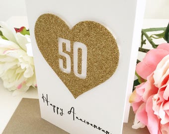 Golden Anniversary, 50th Anniversary Card, Parents Anniversary, Anniversary Gift Ideas, Husband Card, Card for Wife, Handmade Card, Gold