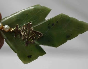Vintage Estate Carved Natural JADE Jadite Leaf Pendant With Solid 14K Gold Accents & Real Pearls Chinese Writing