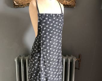 Antique French black cotton floral apron size S (UK 10).