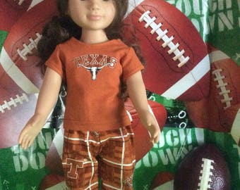 University of Texas,LONGHORNS ! 18 Inch Doll Clothes ,Handmade ,Fits All 18 Inch Dolls ,2PC College Football Outfit