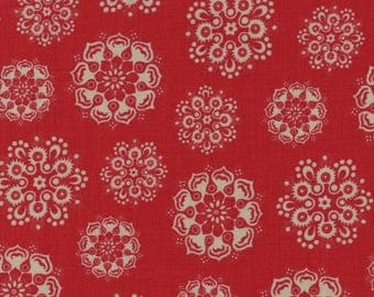 Moda Fabric "Peitites Maisons De Noel" by French General - One Yard Cut - red fabric, red with tan motif, red print fabric, Christmas Fabric