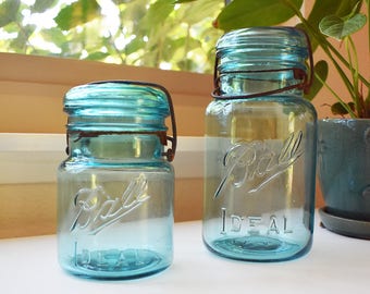 Ball Ideal Jar - Quart Size & Pint Size Set - Ball Mason Jars - Blue Glass Mason Jars with Glass Lids (1910 - 1923 Logo)