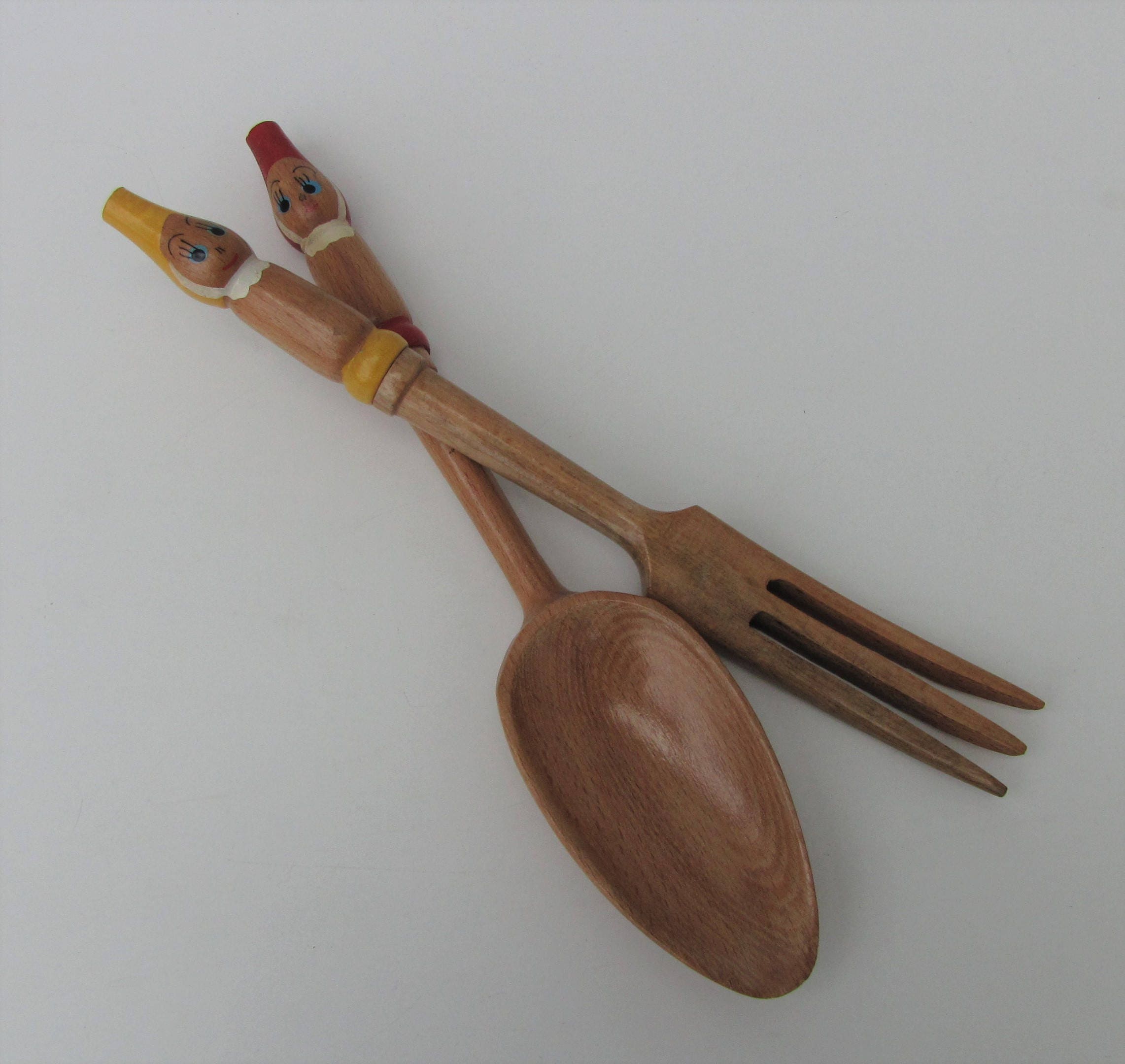 Vintage Wooden Serving Utensils Fork Spoon Salad Tongs Scandi Details A Pair Of Cute And Quirky Wooden Serving Utensils