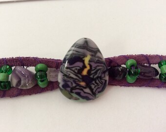 Plum Suede and Amethysts single wrap bracelet