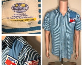 ON SALE Vintage pepsi uniform // truck driver delivery bottling uniform // rare pinstriped // the customer is why // pepsi patch shirt // 70